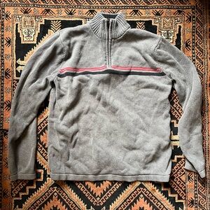 Giorgio Armani Gray Zip-Neck Sweater with Red and Dark Gray Stripe